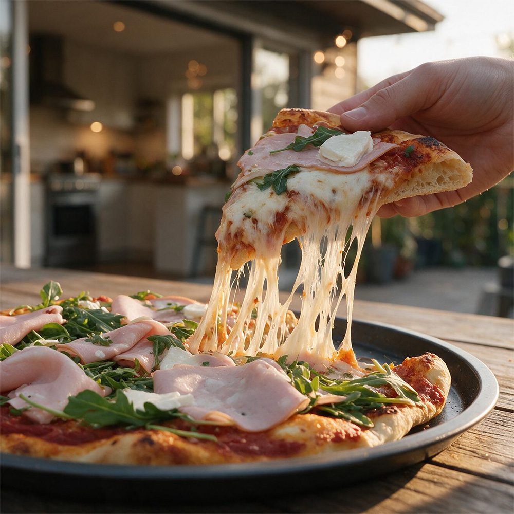 Pizza maison sauce tomate mortadelle et roquette